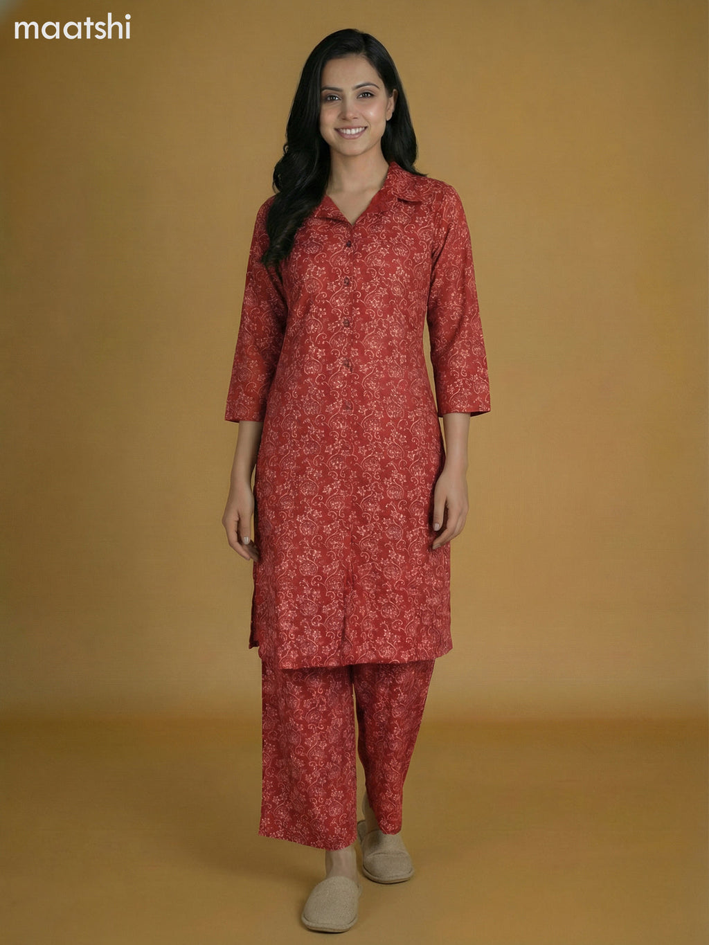 Rustic Maroon Cotton Floral Printed Co-Ord Set