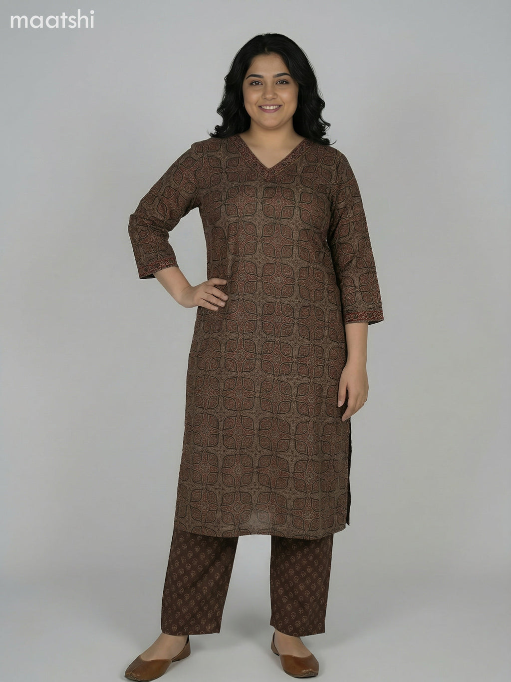 Brown Cotton Ajrakh Printed Straight Suit
