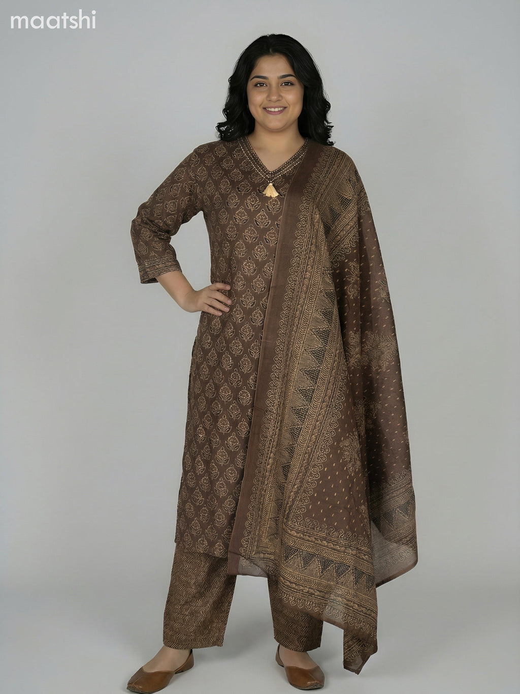 Brown Shade Cotton Ajrakh Printed Straight Suit