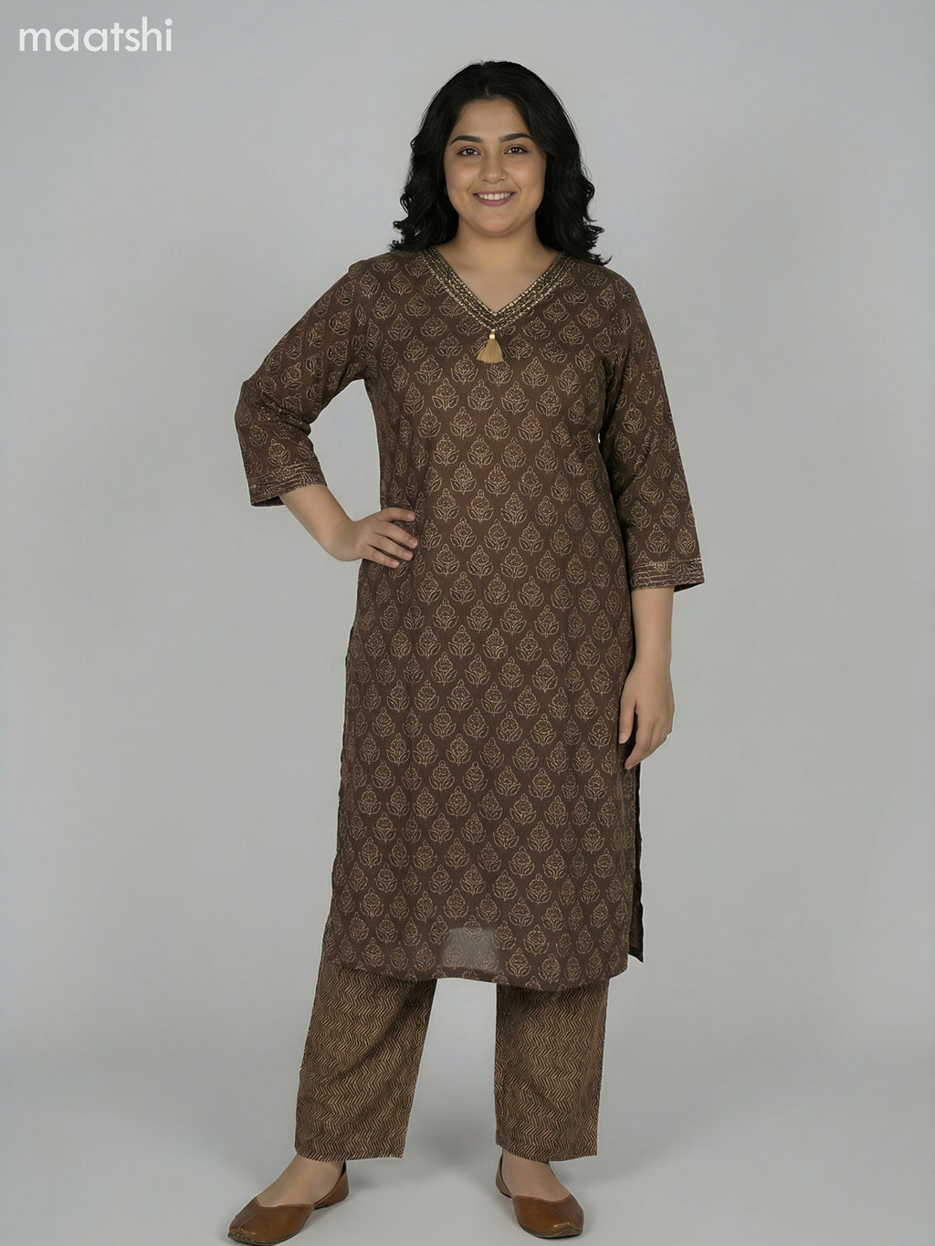 Brown Shade Cotton Ajrakh Printed Straight Suit