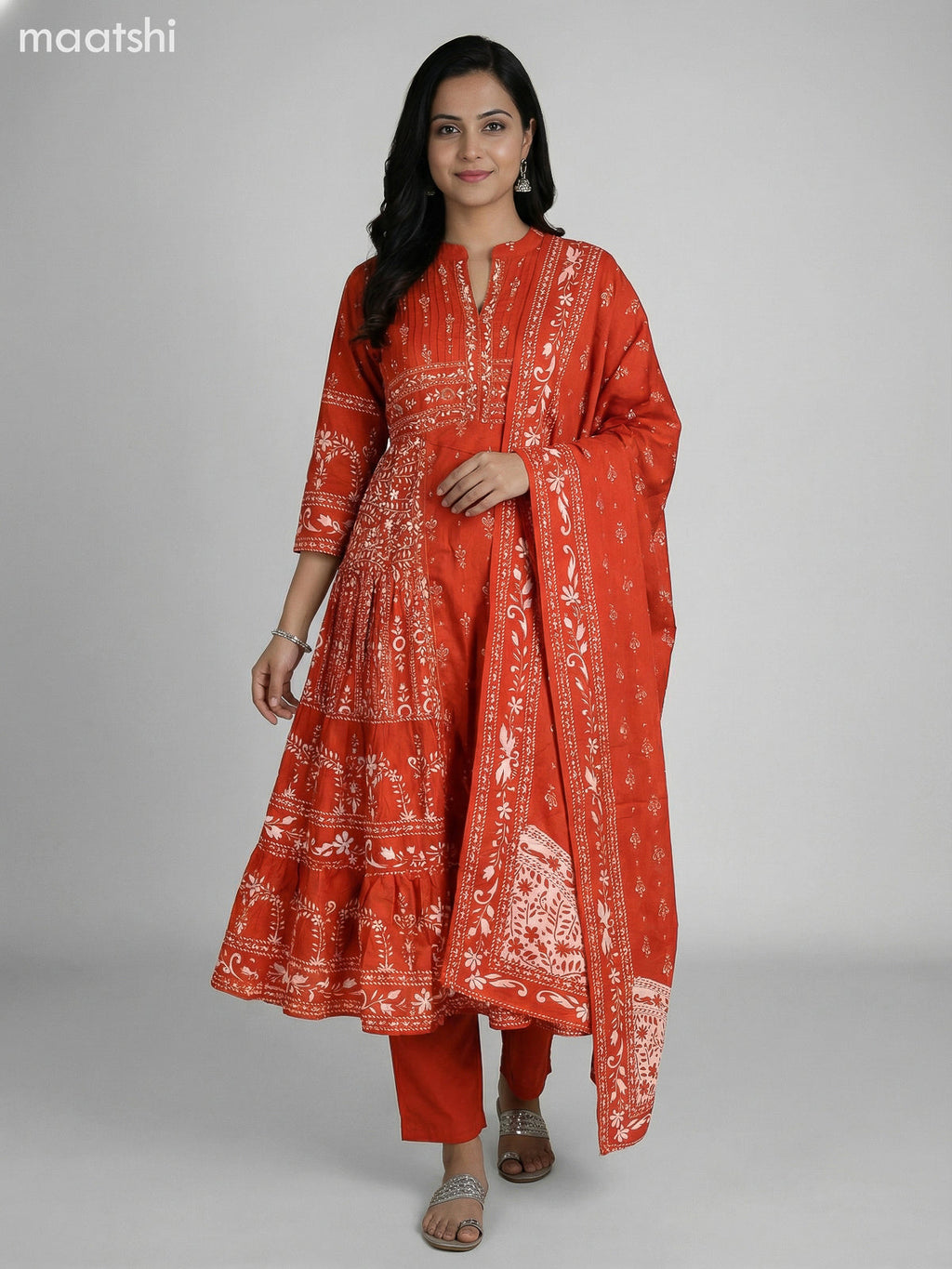 Rustic Orange Cotton Printed Anarkali Suit