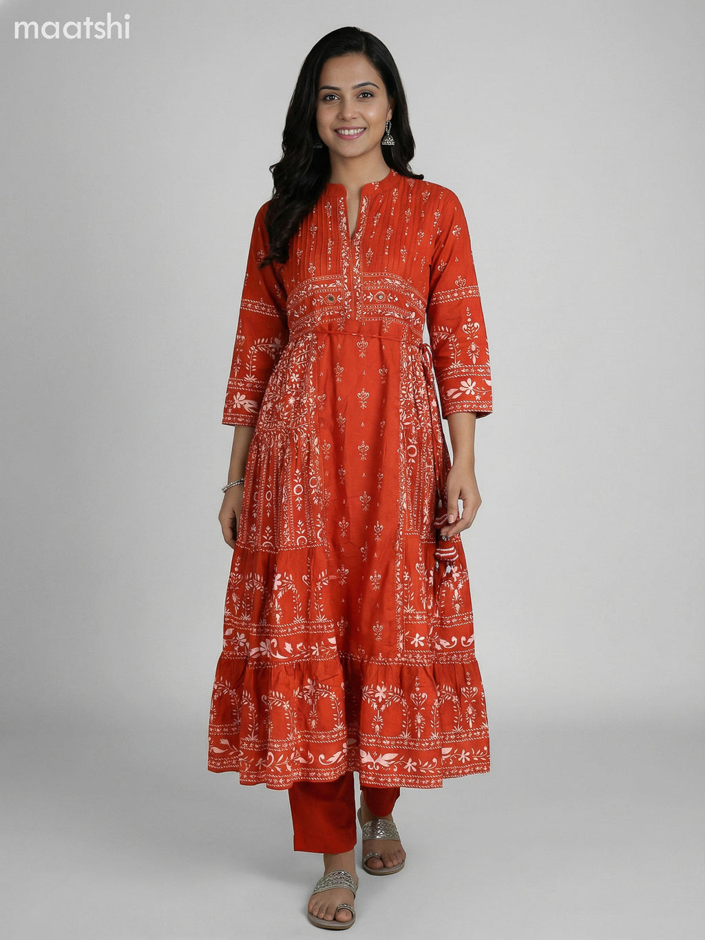 Rustic Orange Cotton Printed Anarkali Suit