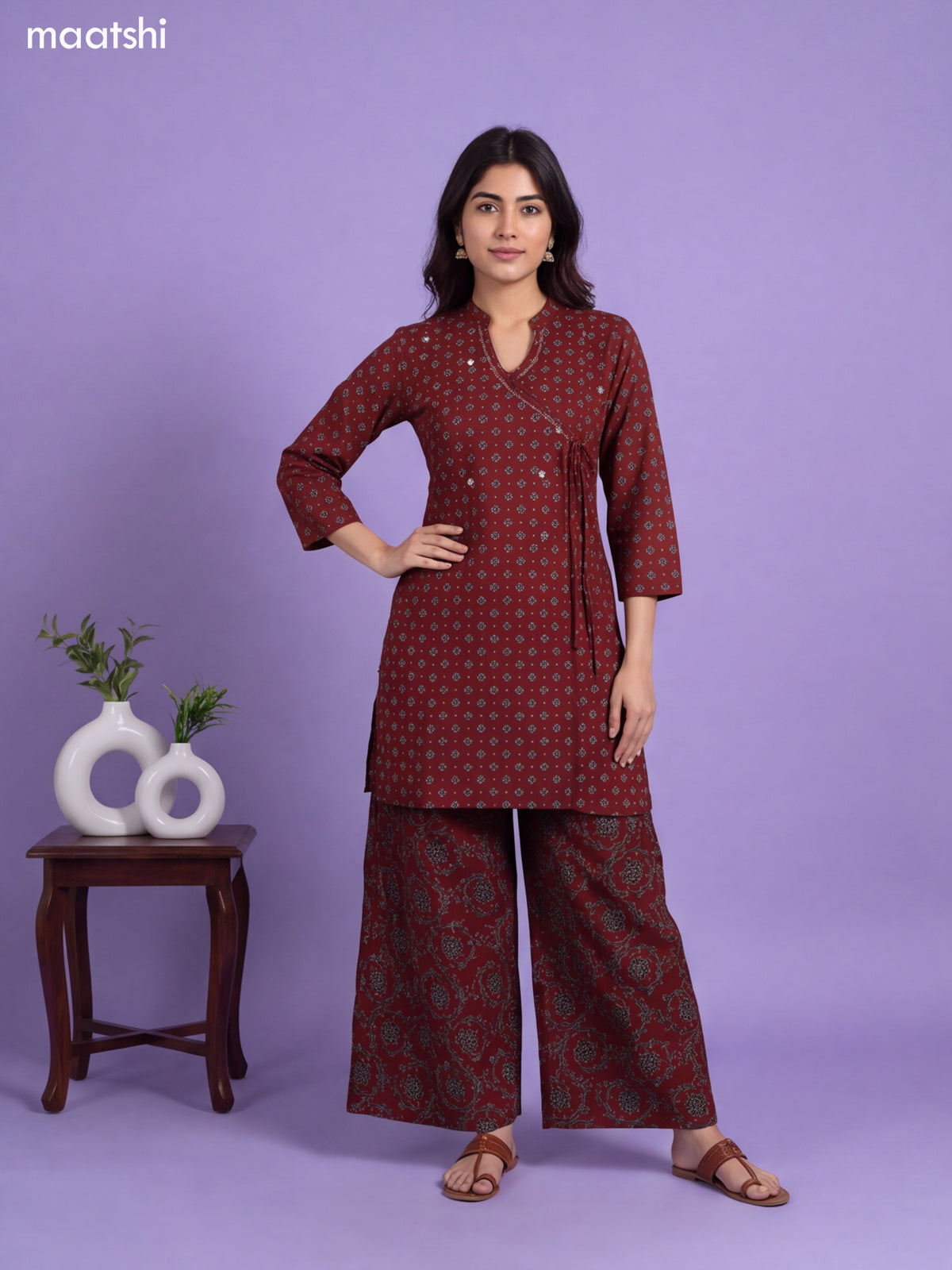 Brown Cotton Printed & Embroidery Work Short Straight Suit
