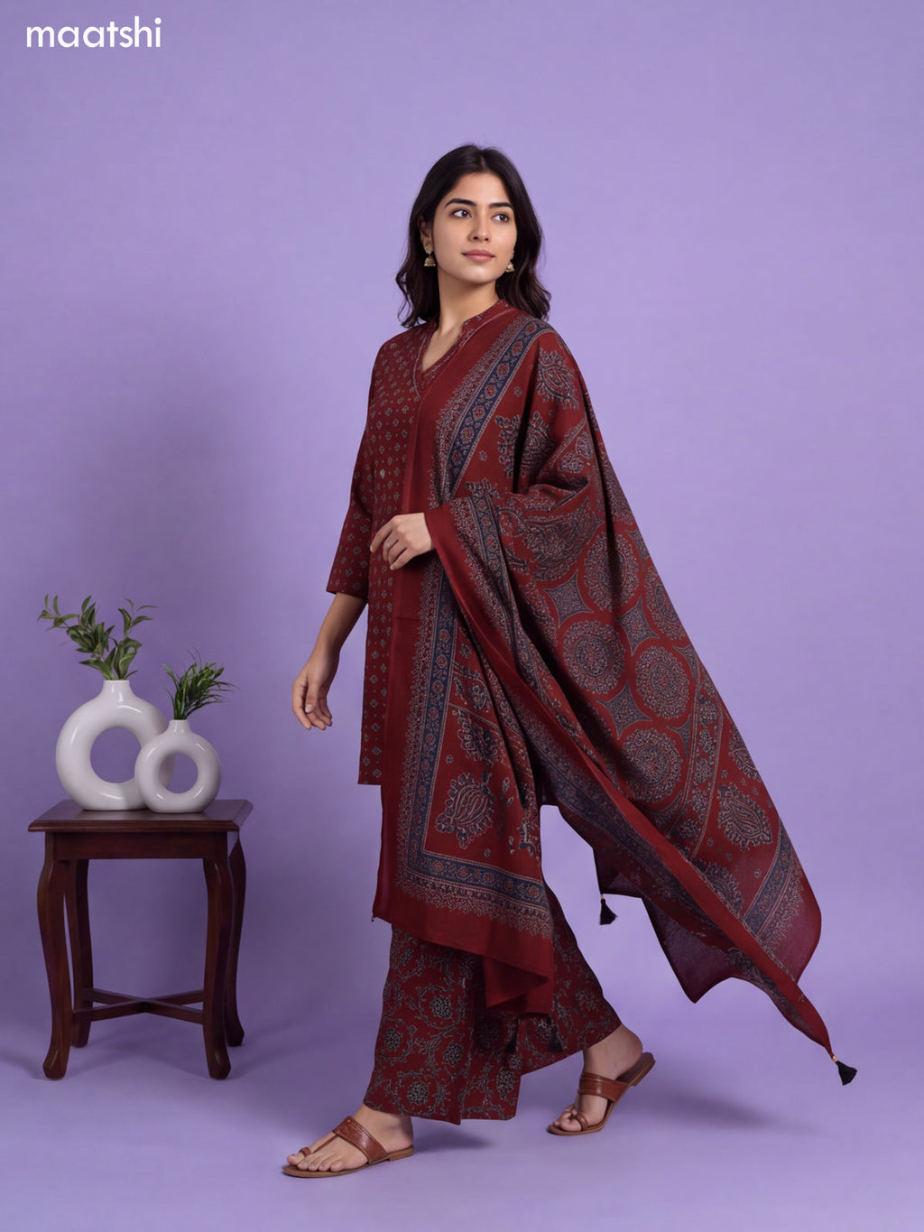 Brown Cotton Printed & Embroidery Work Short Straight Suit