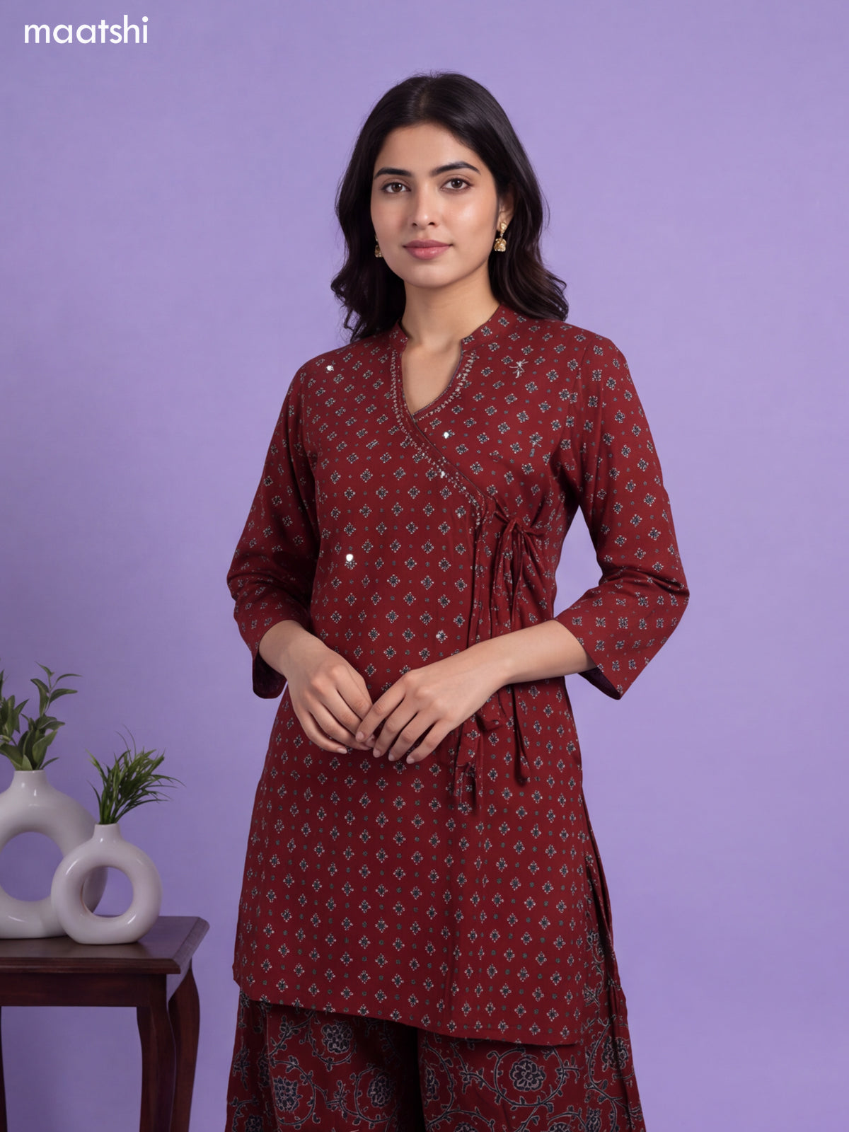 Brown Cotton Printed & Embroidery Work Short Straight Suit