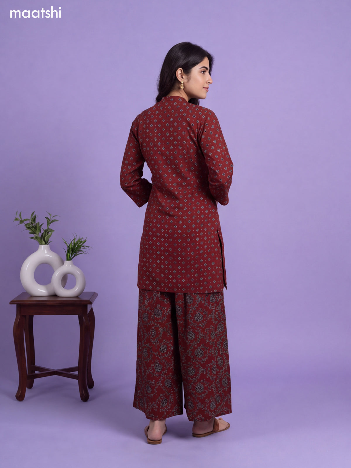 Brown Cotton Printed & Embroidery Work Short Straight Suit