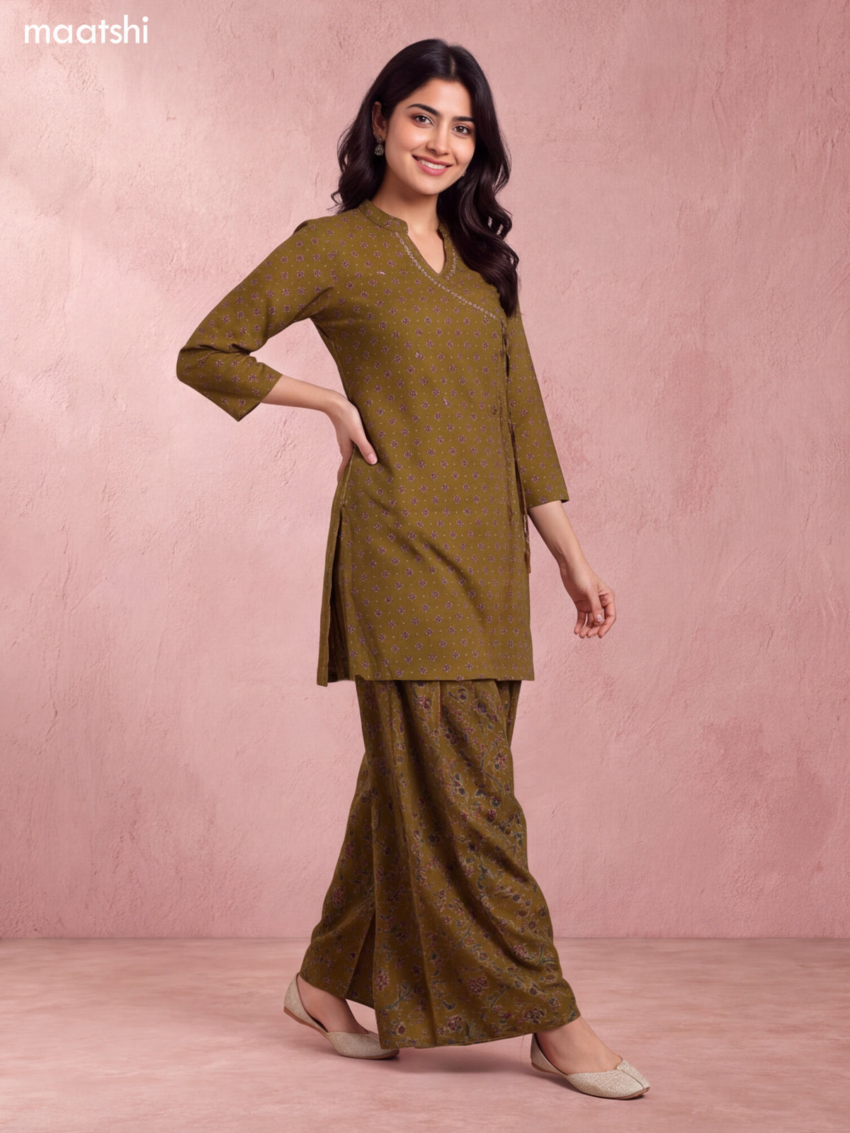 Mehendi Green Cotton Printed & Embroidery Work Short Straight Suit