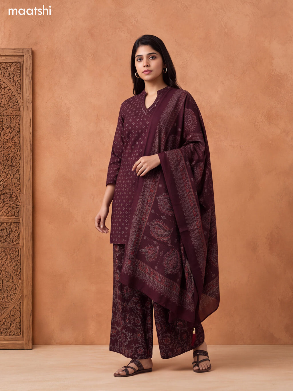 Coffee Brown Cotton Printed & Embroidery Work Short Straight Suit