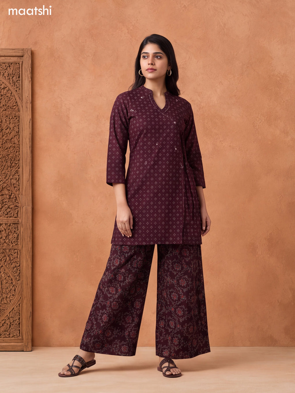 Coffee Brown Cotton Printed & Embroidery Work Short Straight Suit