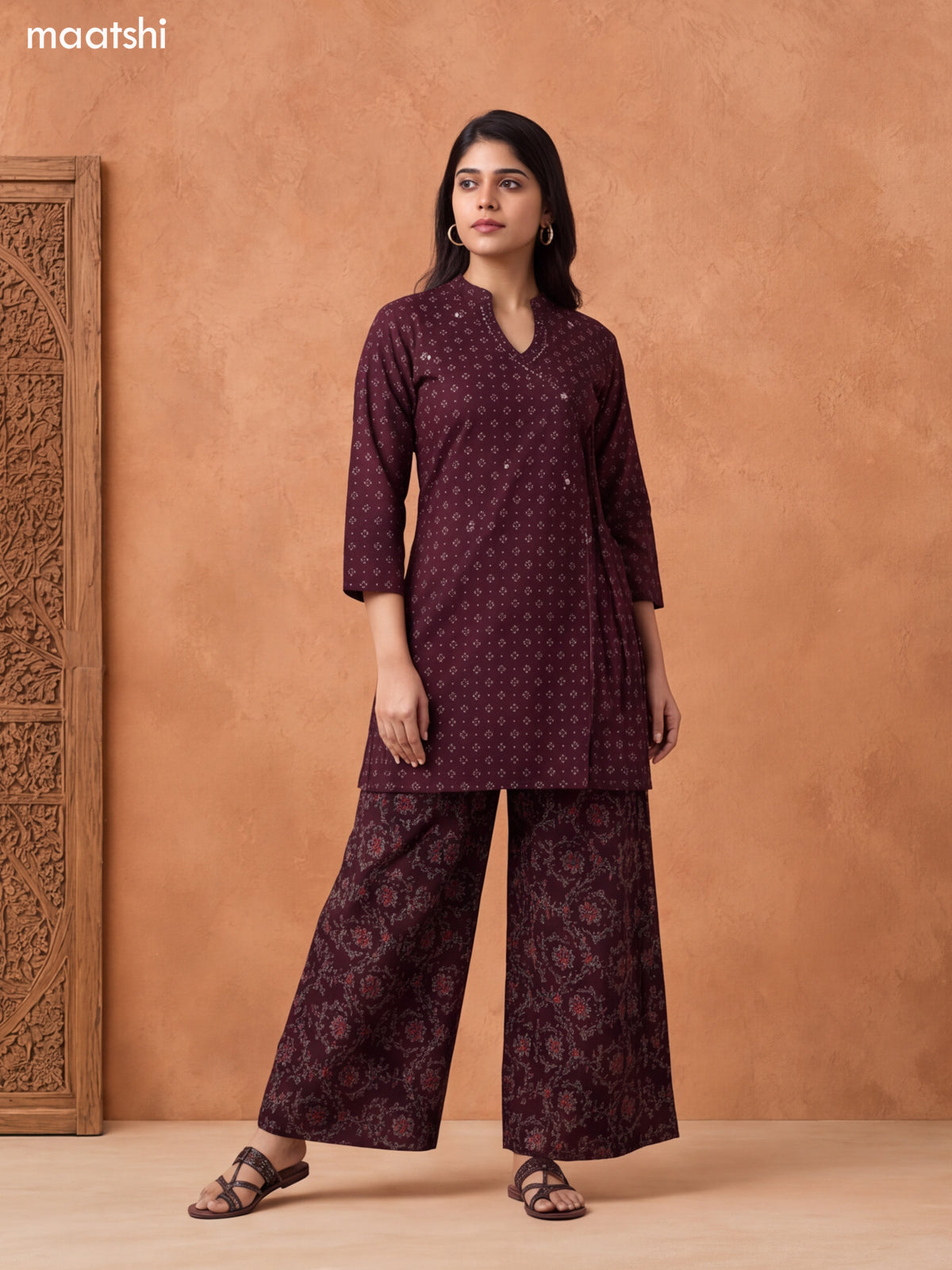 Coffee Brown Cotton Printed & Embroidery Work Short Straight Suit