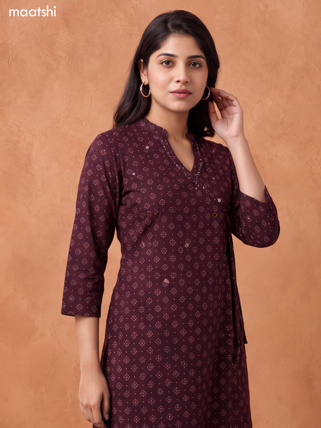 Coffee Brown Cotton Printed & Embroidery Work Short Straight Suit