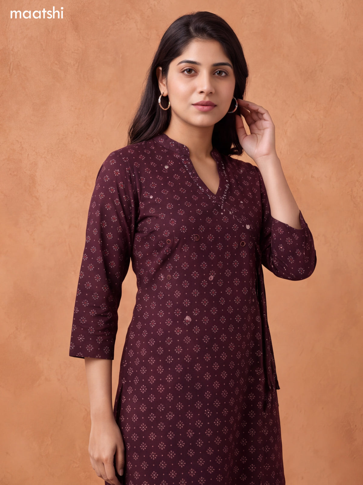 Coffee Brown Cotton Printed & Embroidery Work Short Straight Suit