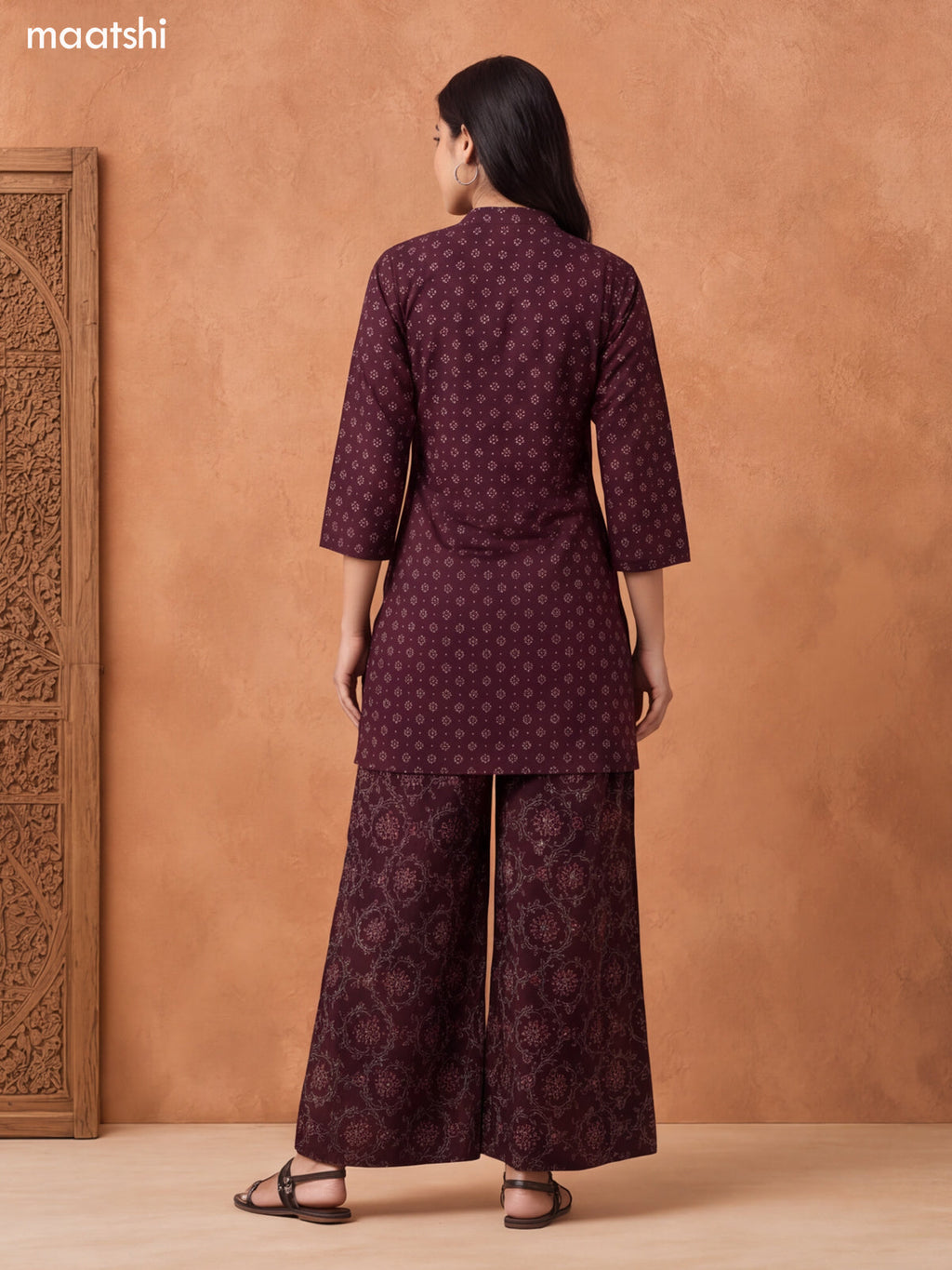 Coffee Brown Cotton Printed & Embroidery Work Short Straight Suit