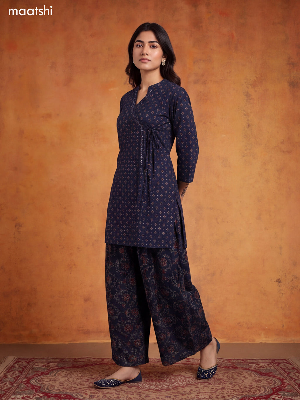 Navy Blue Cotton Printed & Embroidery Work Short Straight Suit