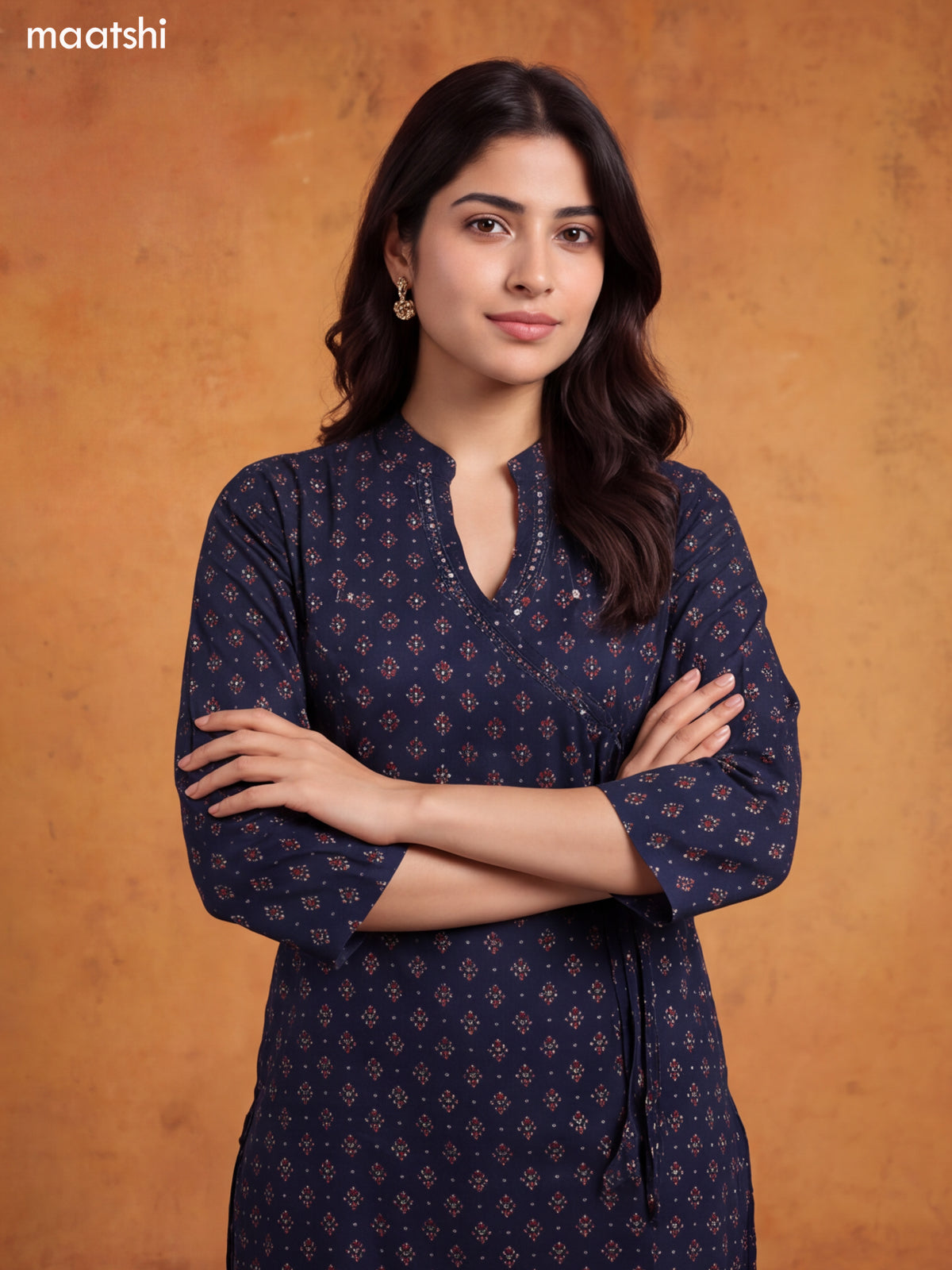 Navy Blue Cotton Printed & Embroidery Work Short Straight Suit
