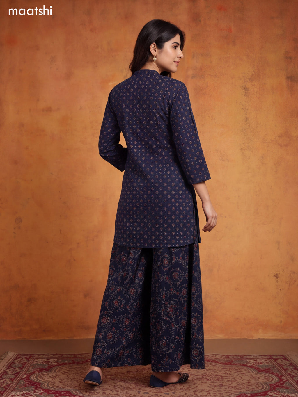 Navy Blue Cotton Printed & Embroidery Work Short Straight Suit