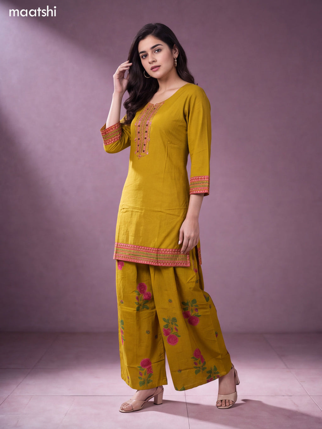 Mustard Cotton Printed & Embroidery Work Short Straight Suit