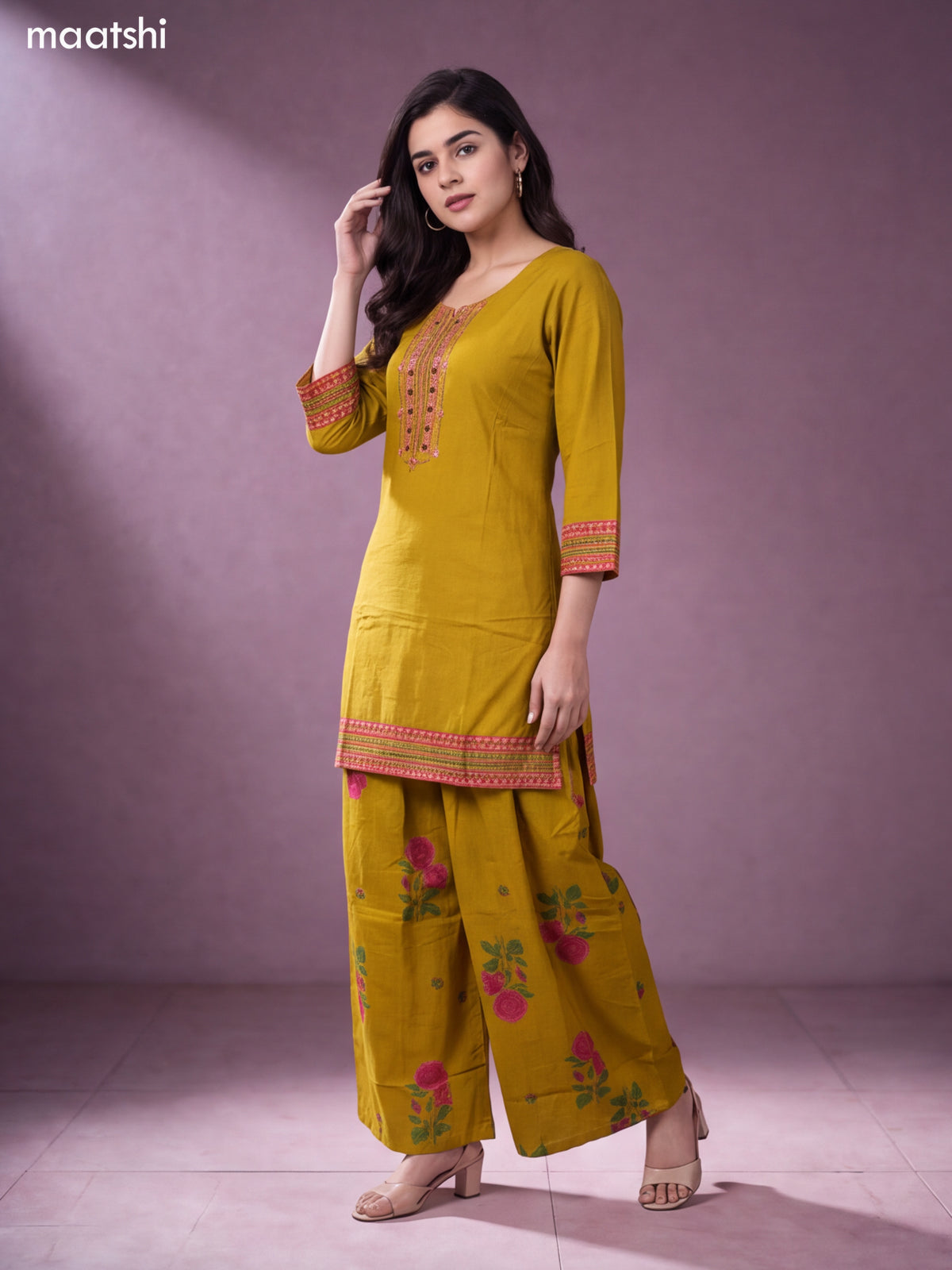Mustard Cotton Printed & Embroidery Work Short Straight Suit