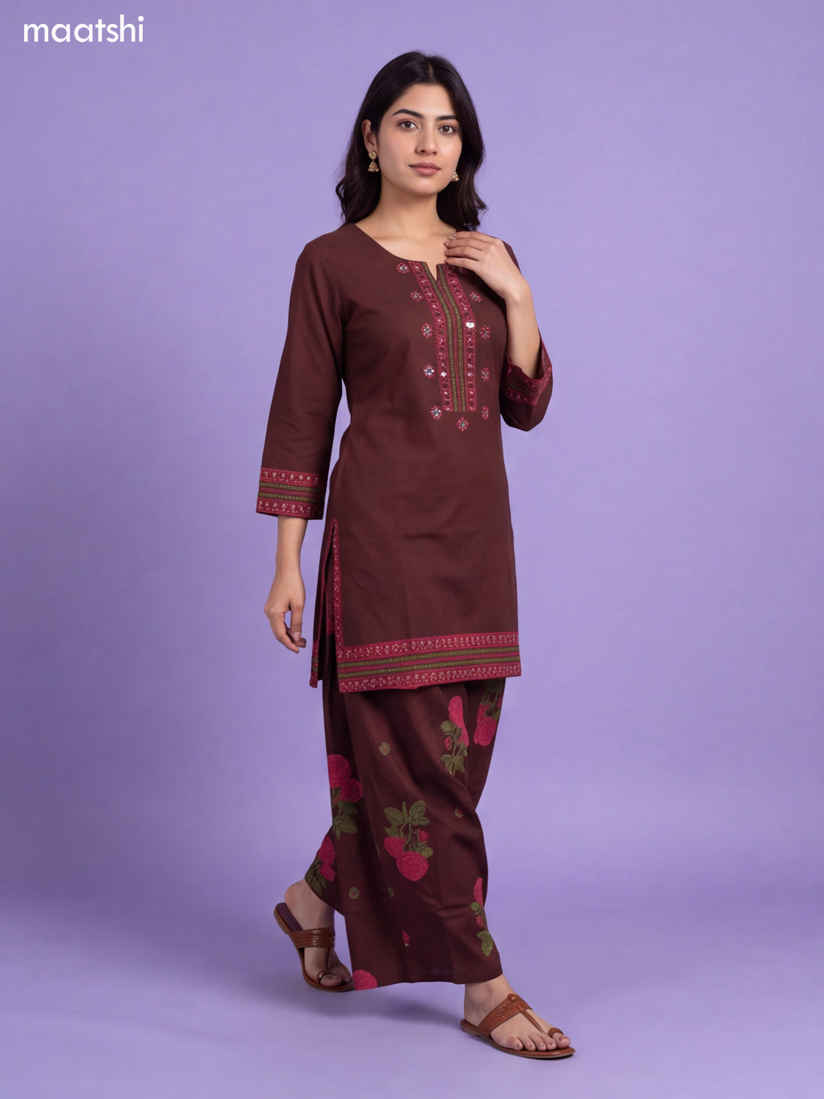 Coffee Brown Cotton Printed & Embroidery Work Short Straight Suit