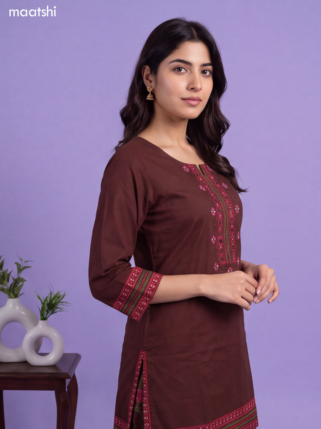 Coffee Brown Cotton Printed & Embroidery Work Short Straight Suit