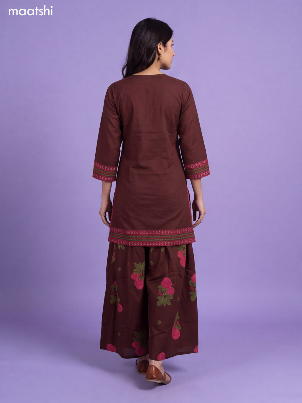 Coffee Brown Cotton Printed & Embroidery Work Short Straight Suit