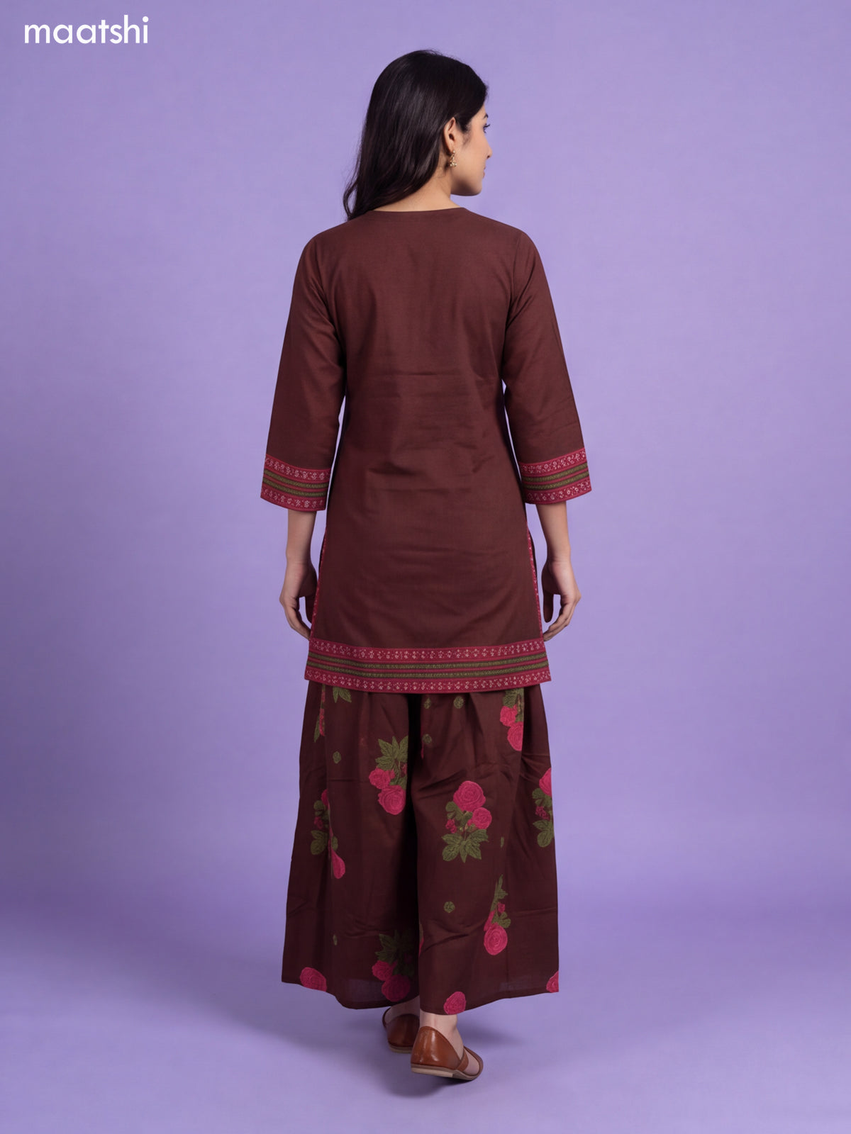Coffee Brown Cotton Printed & Embroidery Work Short Straight Suit