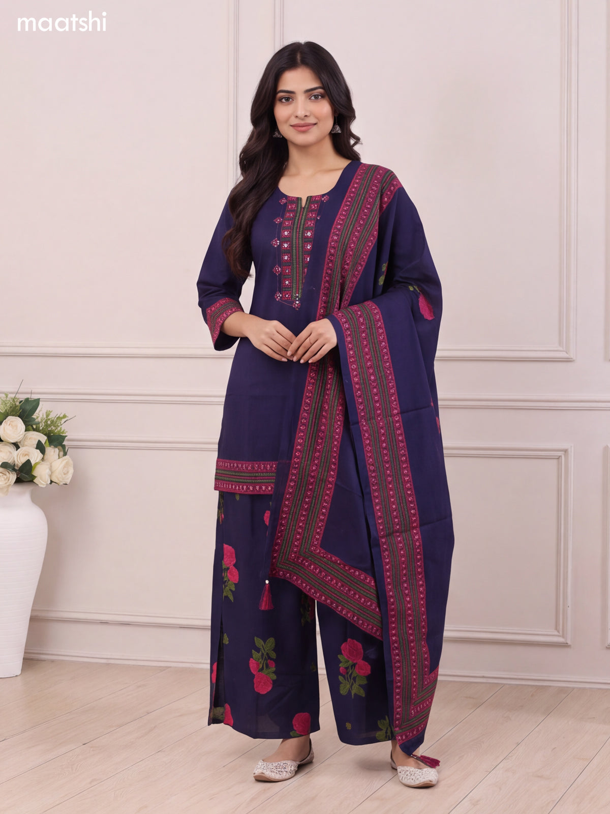 Dark Blue Cotton Printed & Embroidery Work Short Straight Suit