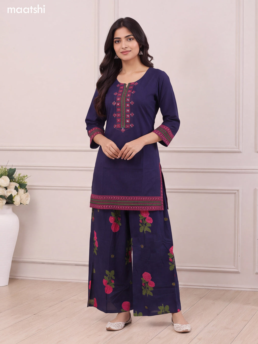 Dark Blue Cotton Printed & Embroidery Work Short Straight Suit