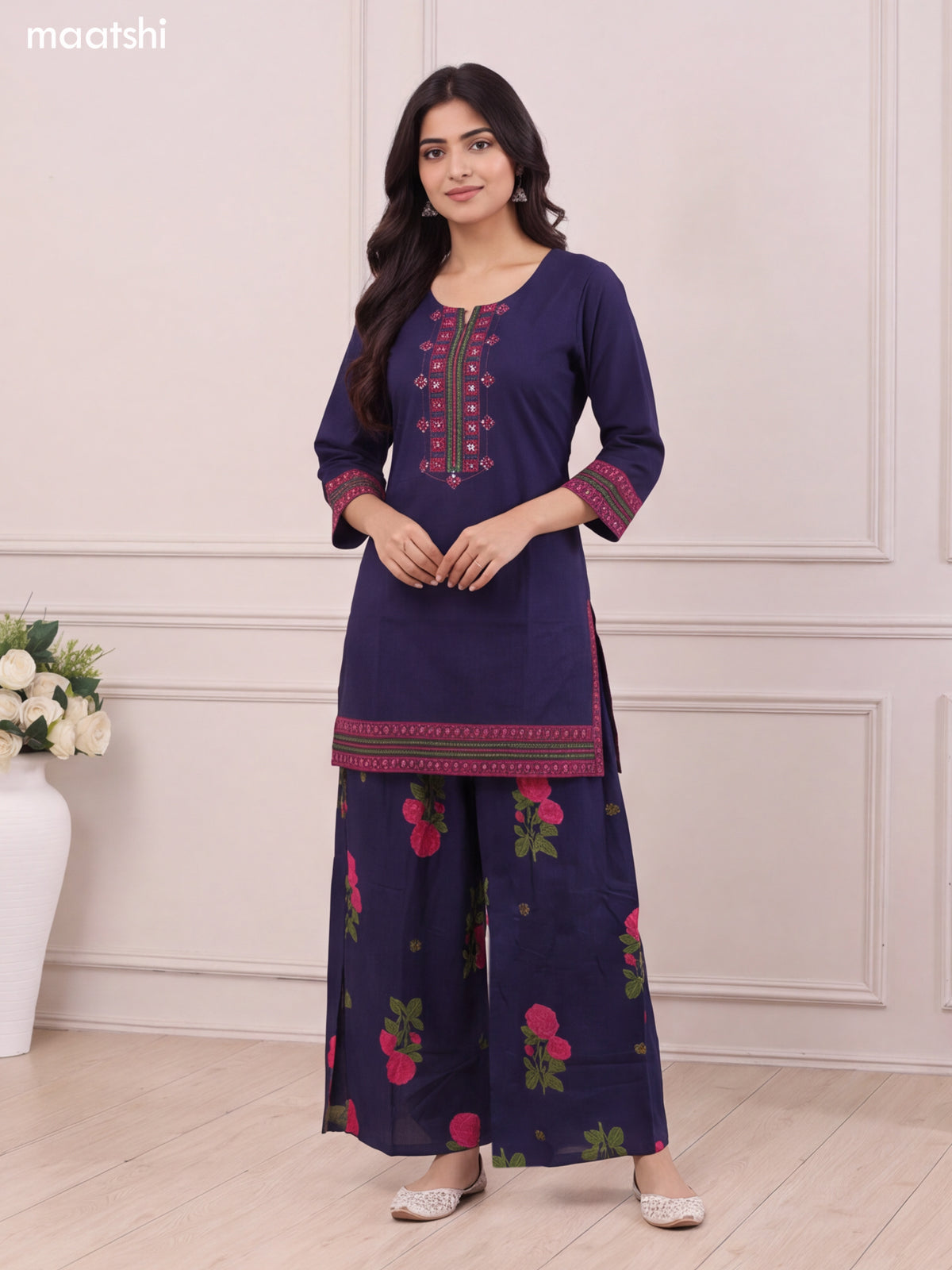 Dark Blue Cotton Printed & Embroidery Work Short Straight Suit