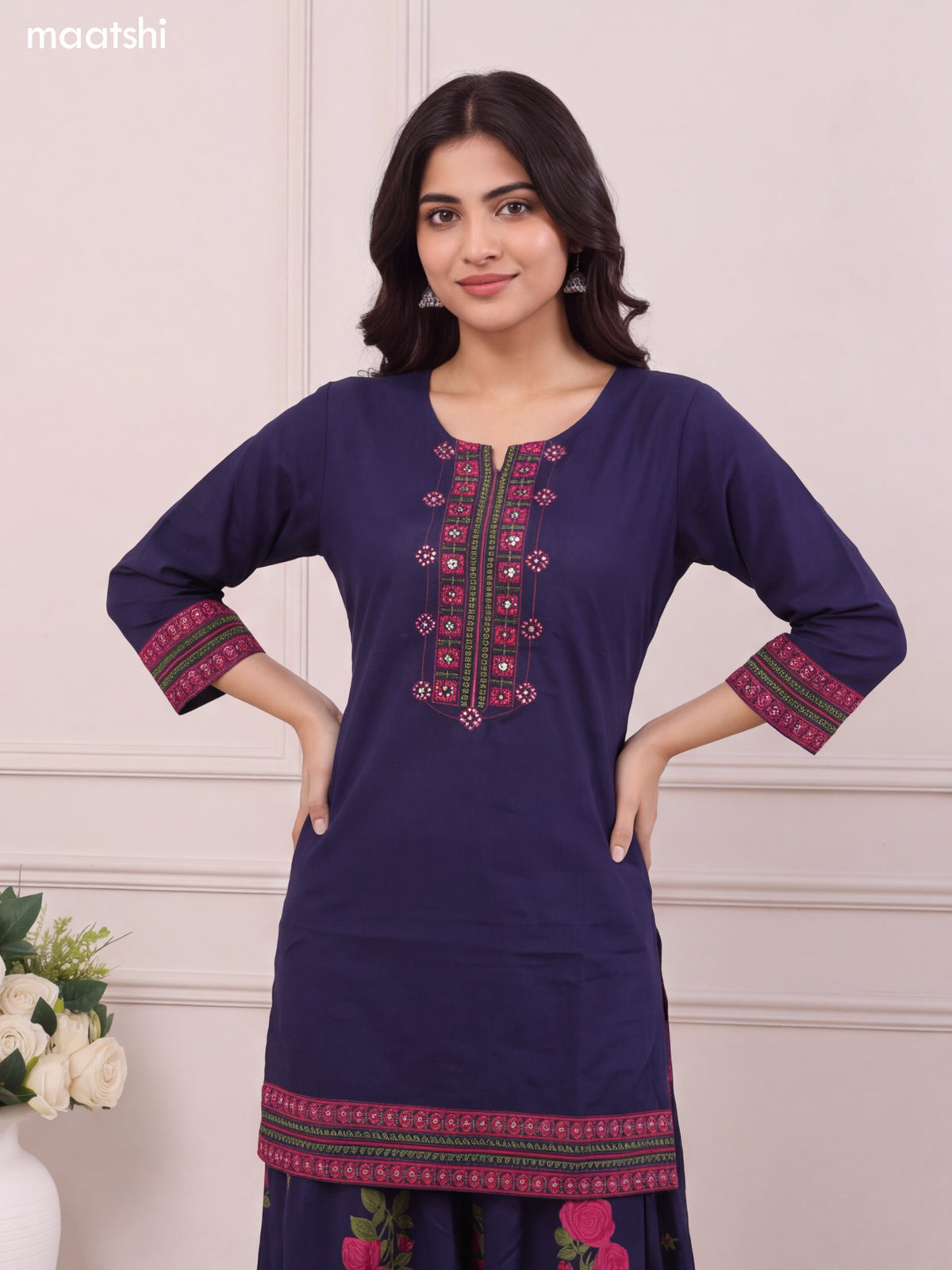 Dark Blue Cotton Printed & Embroidery Work Short Straight Suit