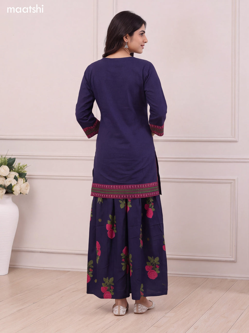 Dark Blue Cotton Printed & Embroidery Work Short Straight Suit