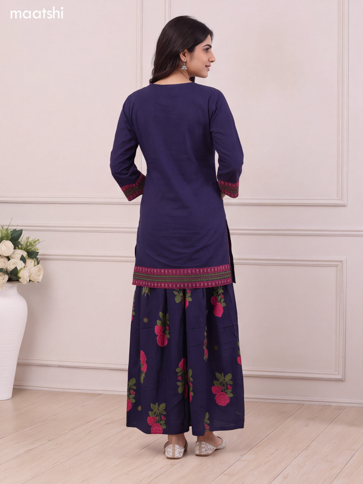 Dark Blue Cotton Printed & Embroidery Work Short Straight Suit