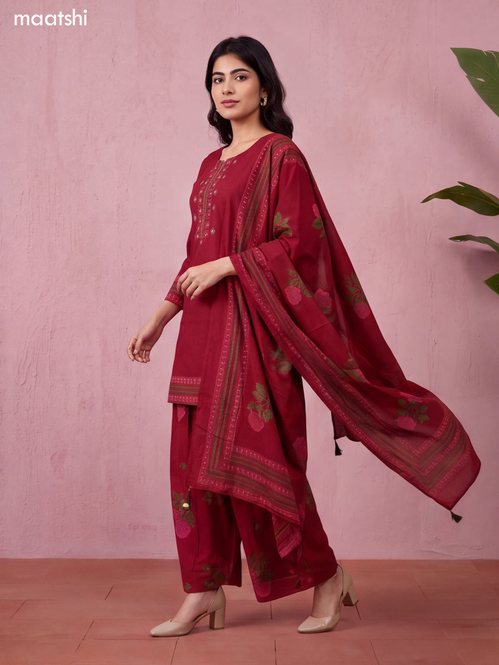 Maroon Cotton Printed & Embroidery Work Short Straight Suit