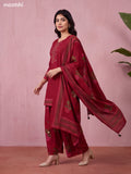 Maroon Cotton Printed & Embroidery Work Short Straight Suit
