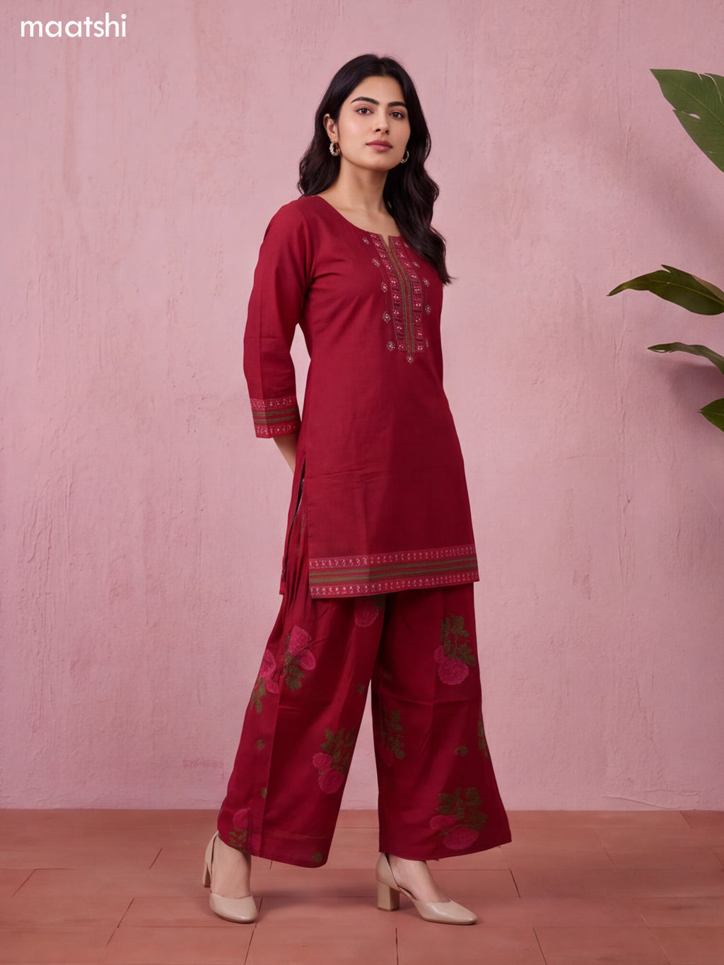 Maroon Cotton Printed & Embroidery Work Short Straight Suit