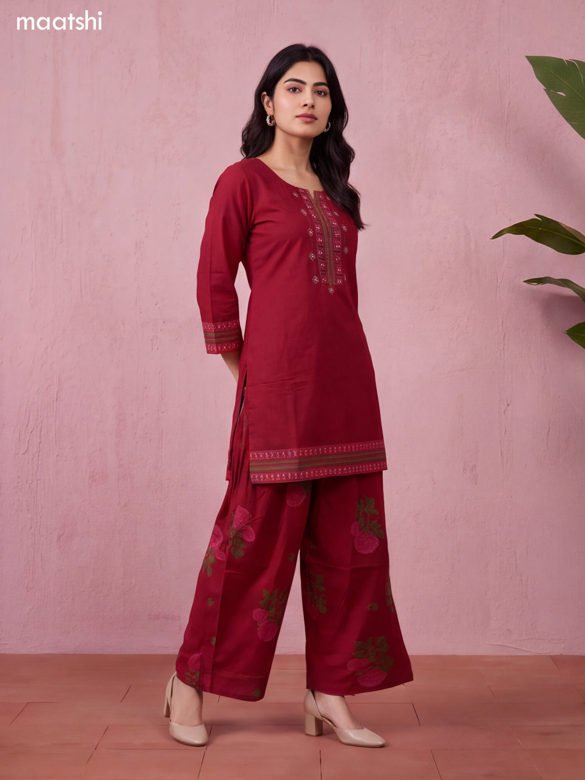 Maroon Cotton Printed & Embroidery Work Short Straight Suit