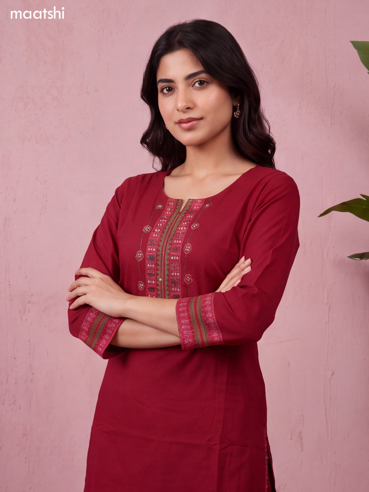 Maroon Cotton Printed & Embroidery Work Short Straight Suit