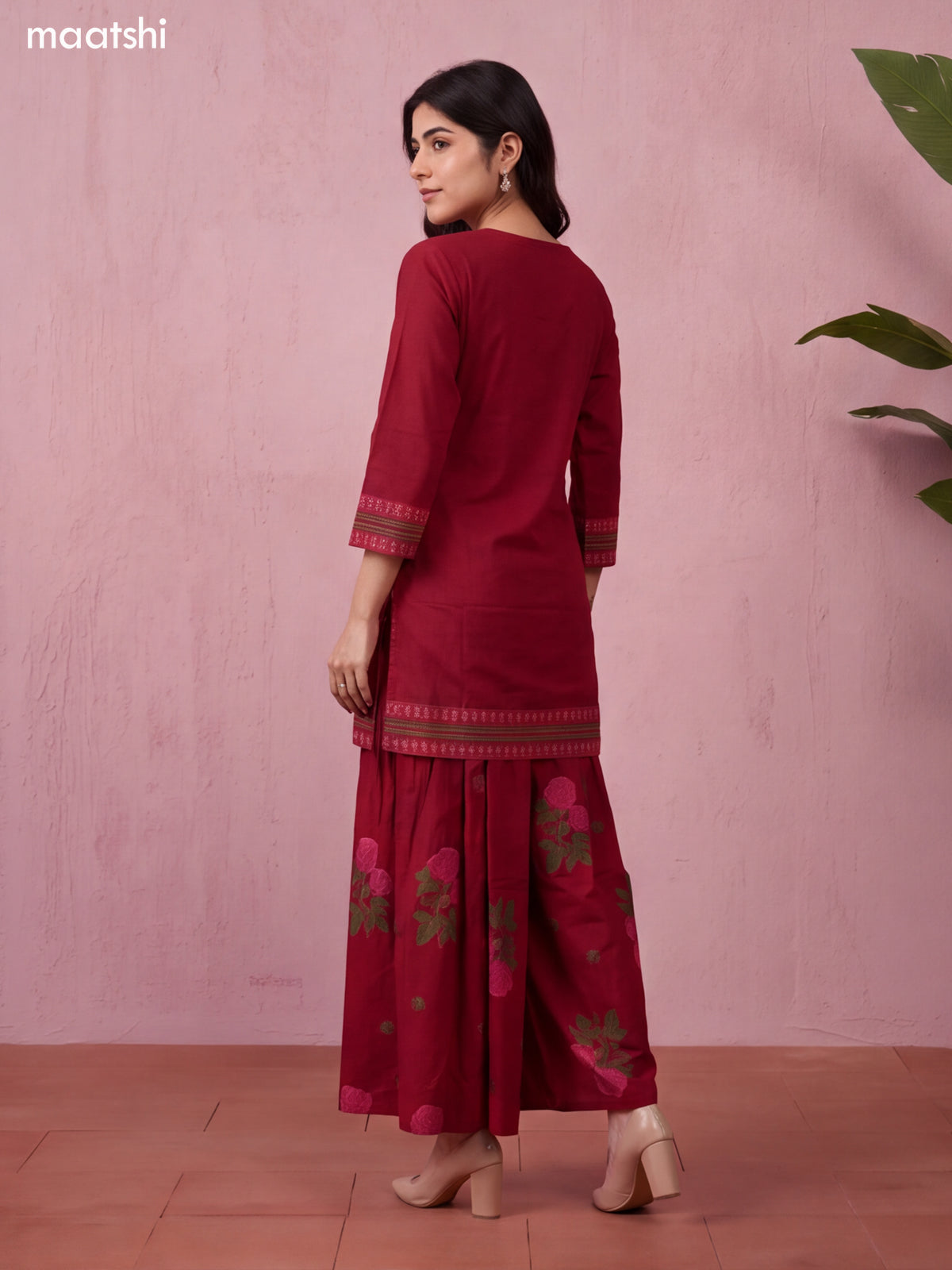 Maroon Cotton Printed & Embroidery Work Short Straight Suit