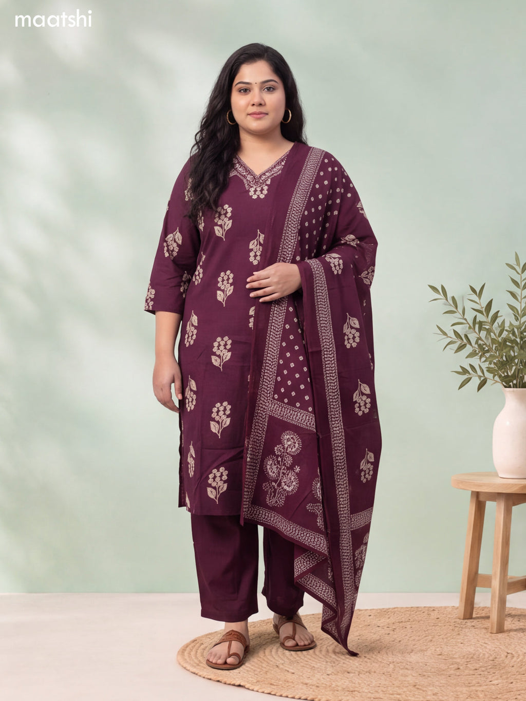 Dark Wine Cotton Floral Printed & Embroidery Work Straight Suit