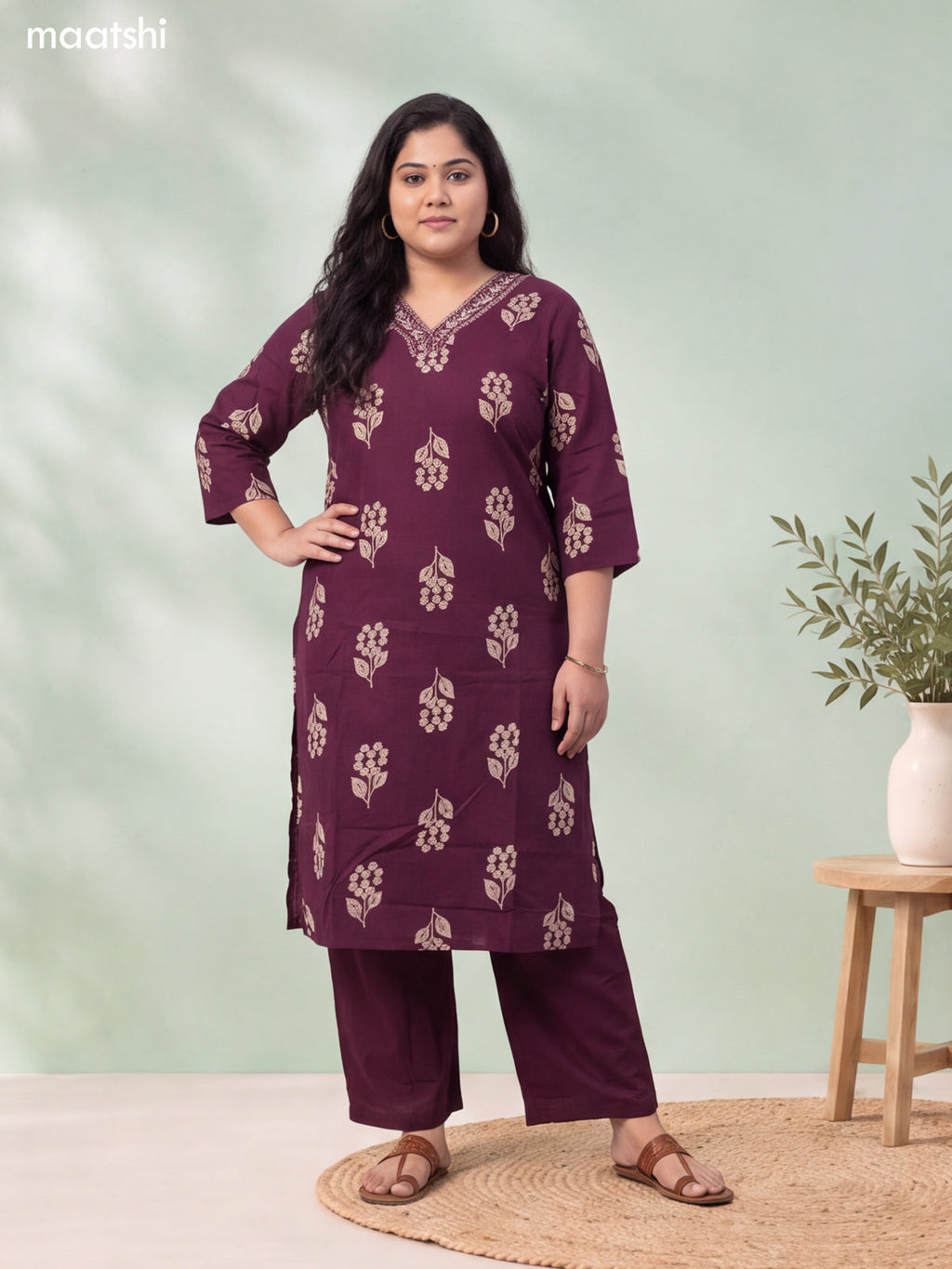 Dark Wine Cotton Floral Printed & Embroidery Work Straight Suit