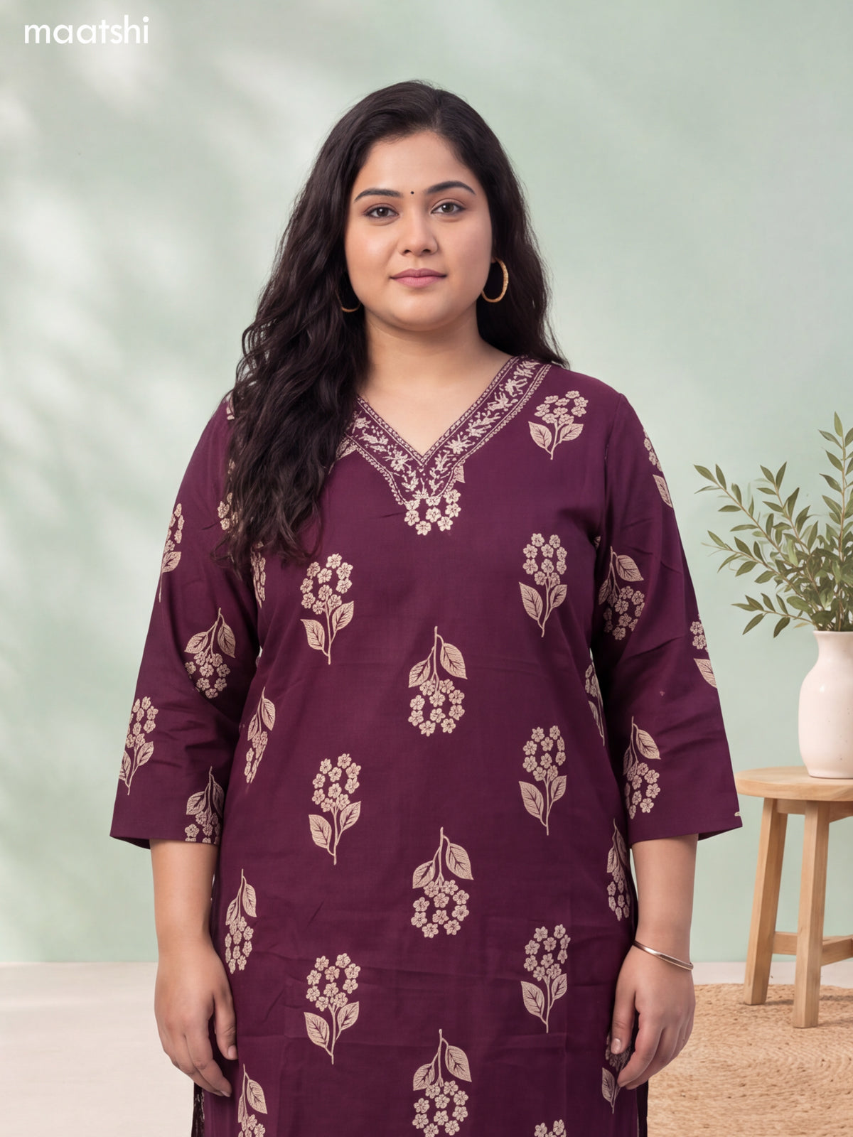 Dark Wine Cotton Floral Printed & Embroidery Work Straight Suit