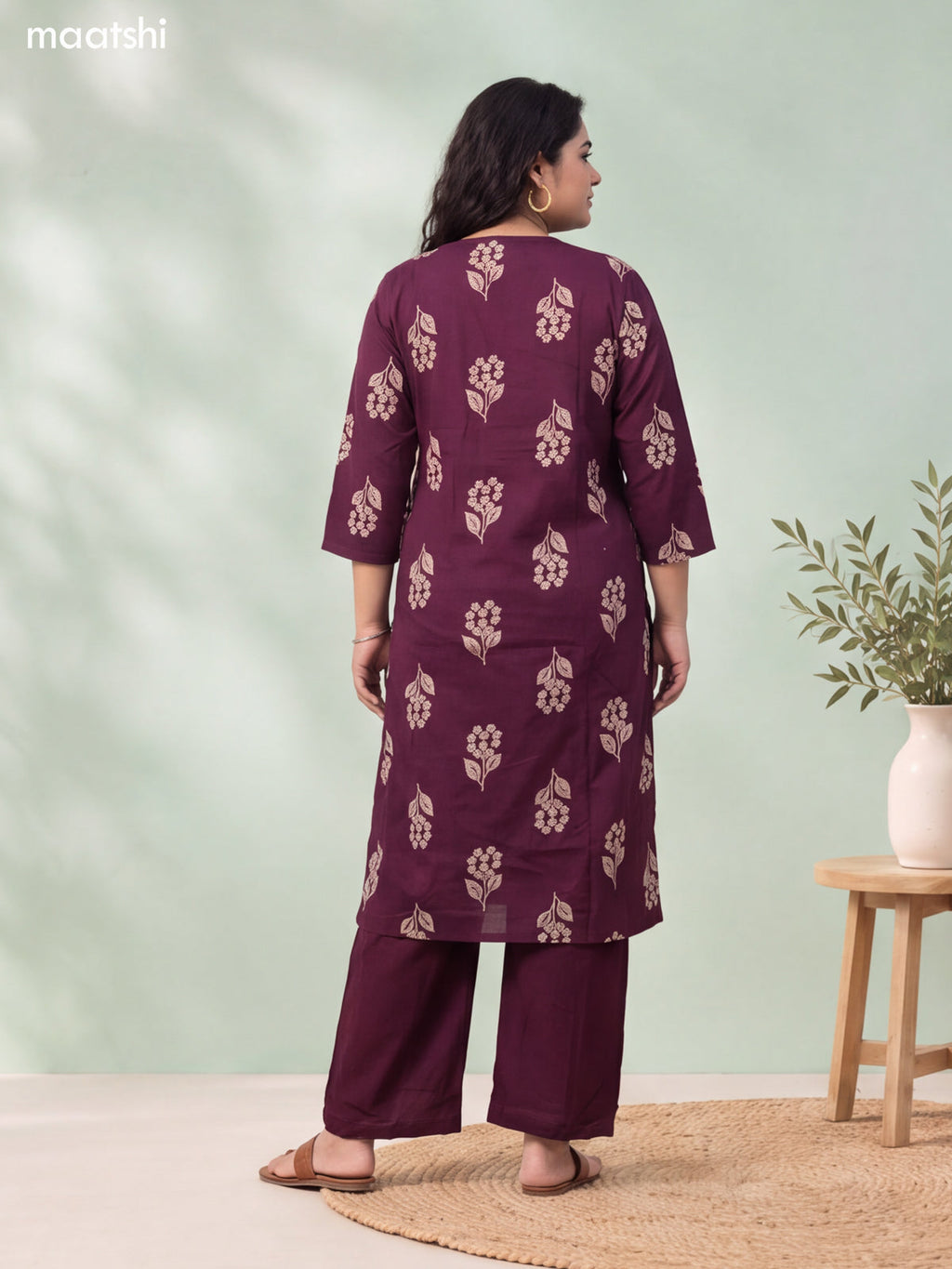 Dark Wine Cotton Floral Printed & Embroidery Work Straight Suit