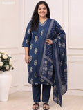 Peacock Blue Cotton Floral Printed & Embroidery Work Straight Suit