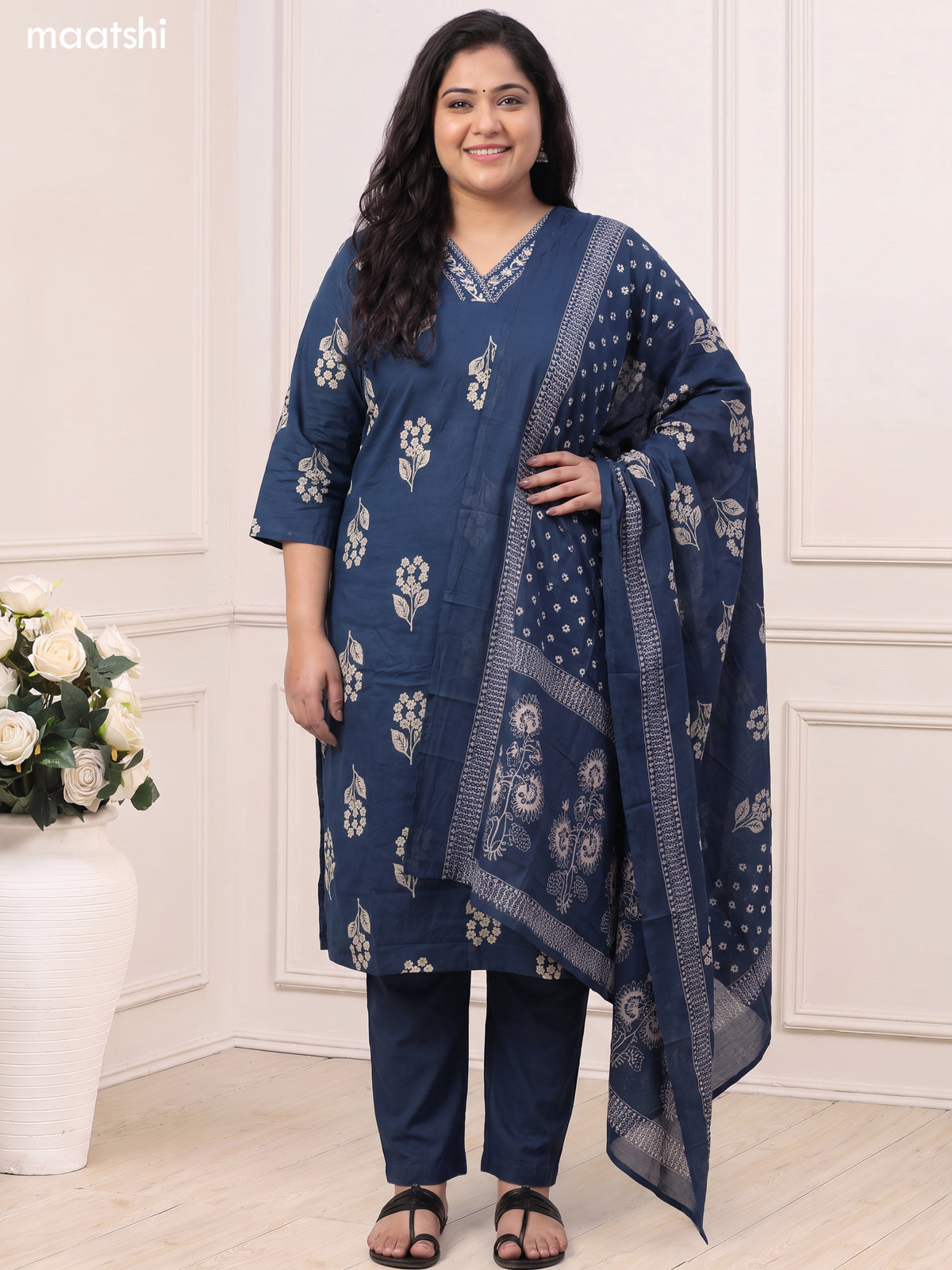 Peacock Blue Cotton Floral Printed & Embroidery Work Straight Suit