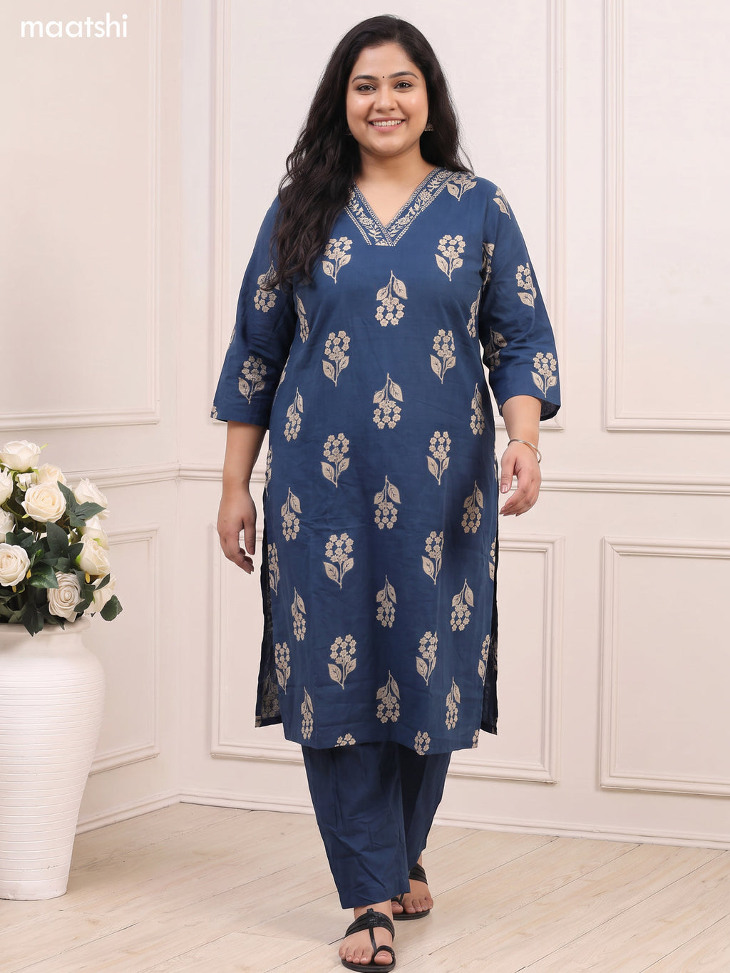 Peacock Blue Cotton Floral Printed & Embroidery Work Straight Suit