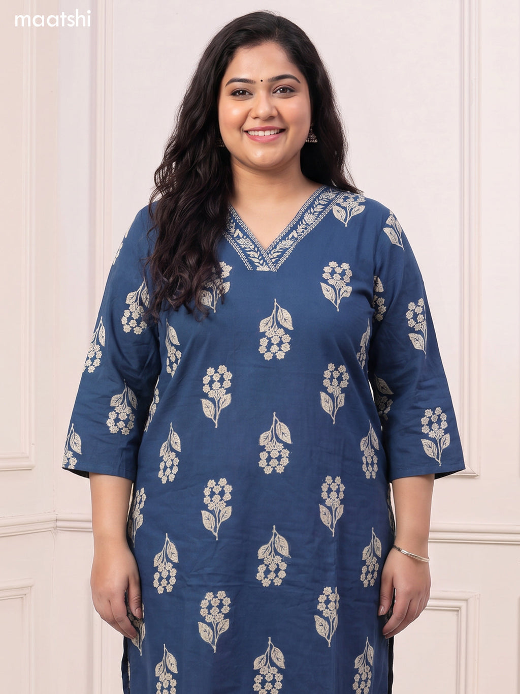 Peacock Blue Cotton Floral Printed & Embroidery Work Straight Suit