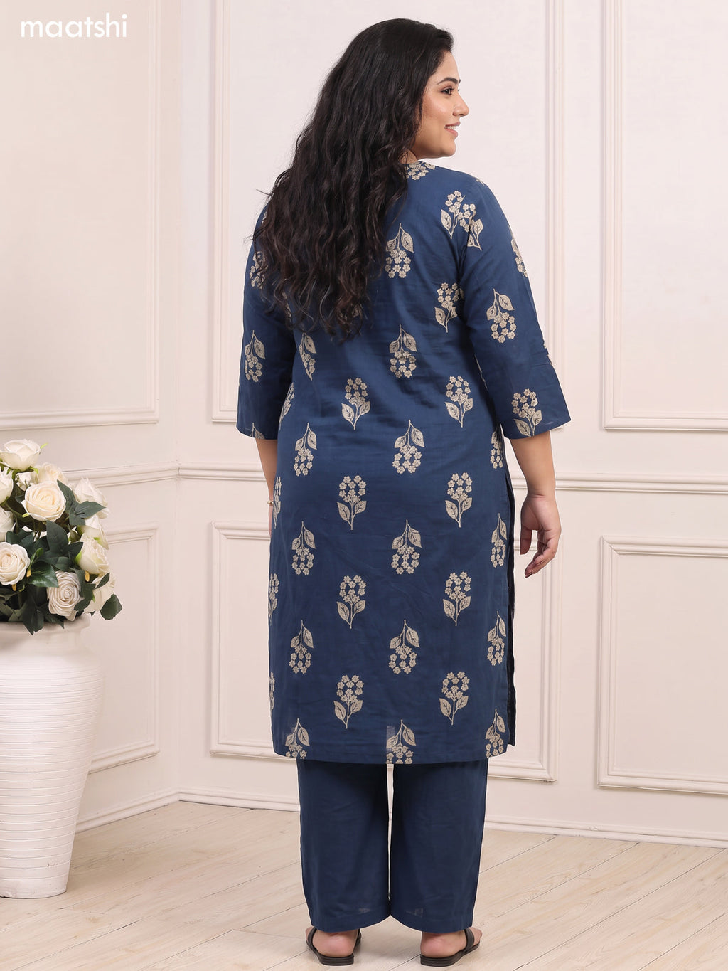 Peacock Blue Cotton Floral Printed & Embroidery Work Straight Suit
