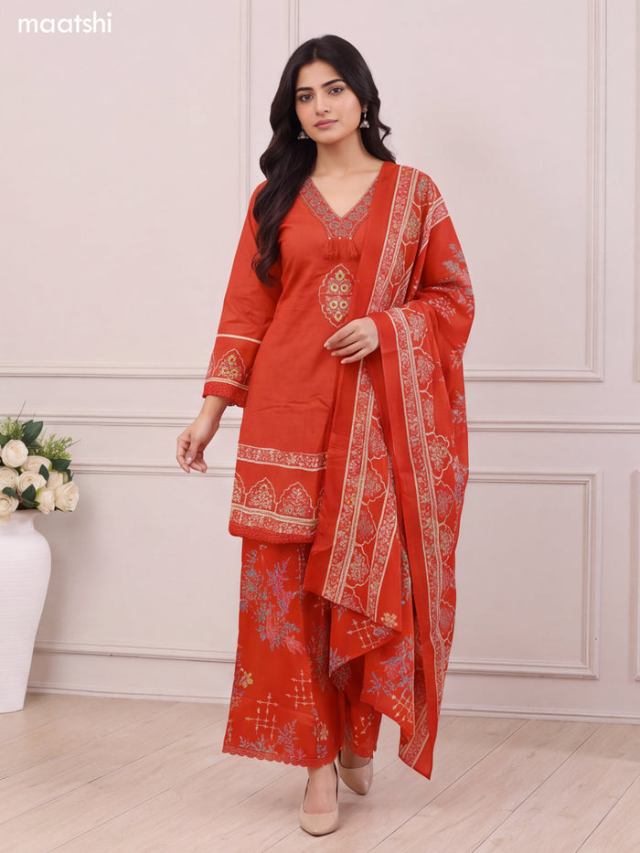 Rust Cotton Printed & Embroidery Work Short Anarkali Suit