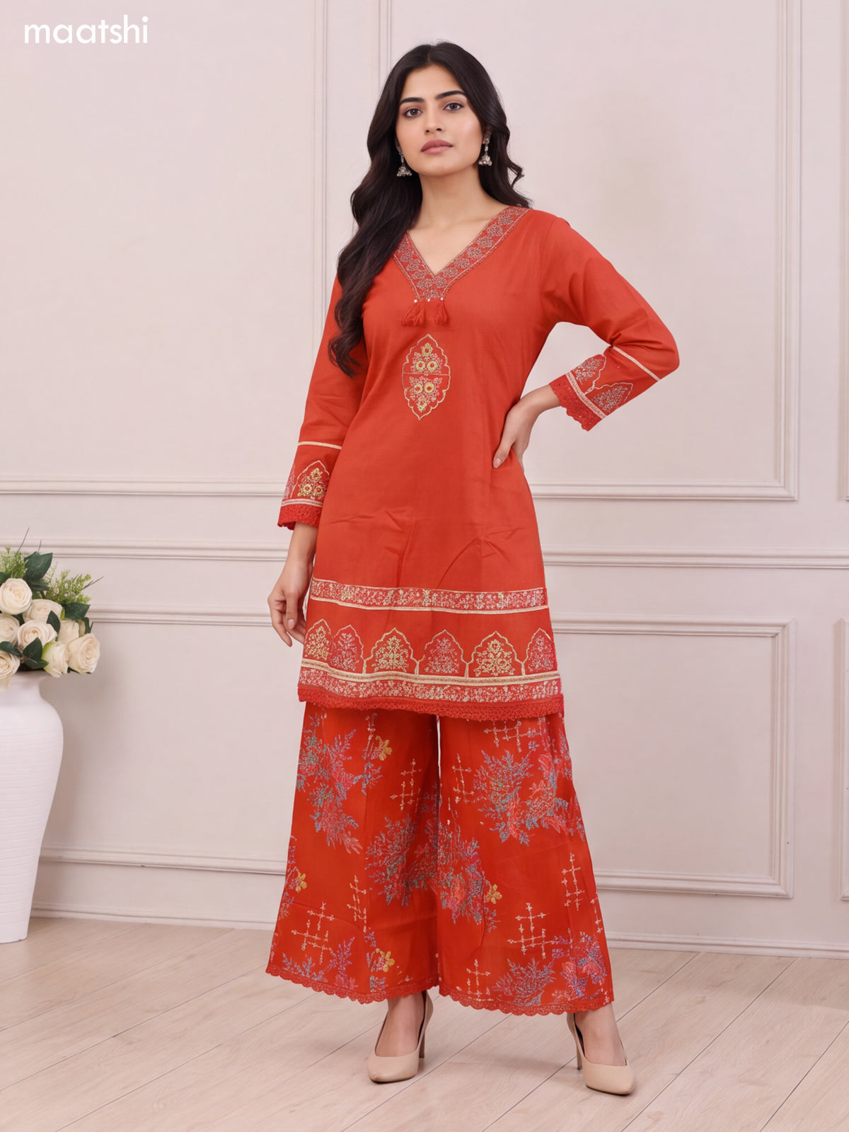Rust Cotton Printed & Embroidery Work Short Anarkali Suit