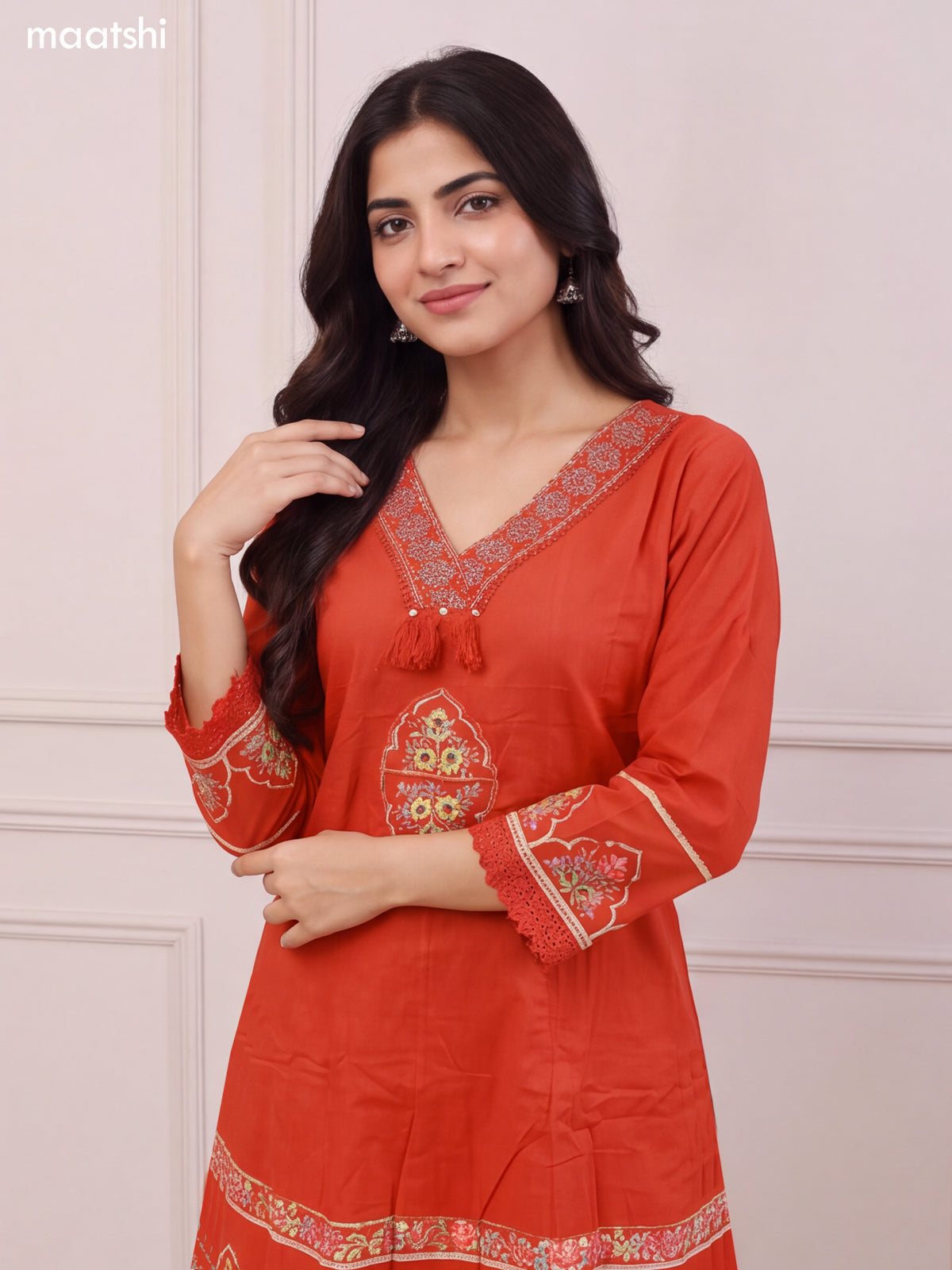 Rust Cotton Printed & Embroidery Work Short Anarkali Suit